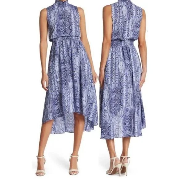 NANETTE LEPORE Blue Snakeskin Print High-Low Sleeveless Smocked Midi Dress Size - Picture 2 of 7